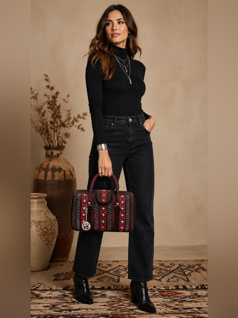 Banda Bags Nano Banda Bag Red Black Embroidered Artisan Barrel Satchel Purse NWT